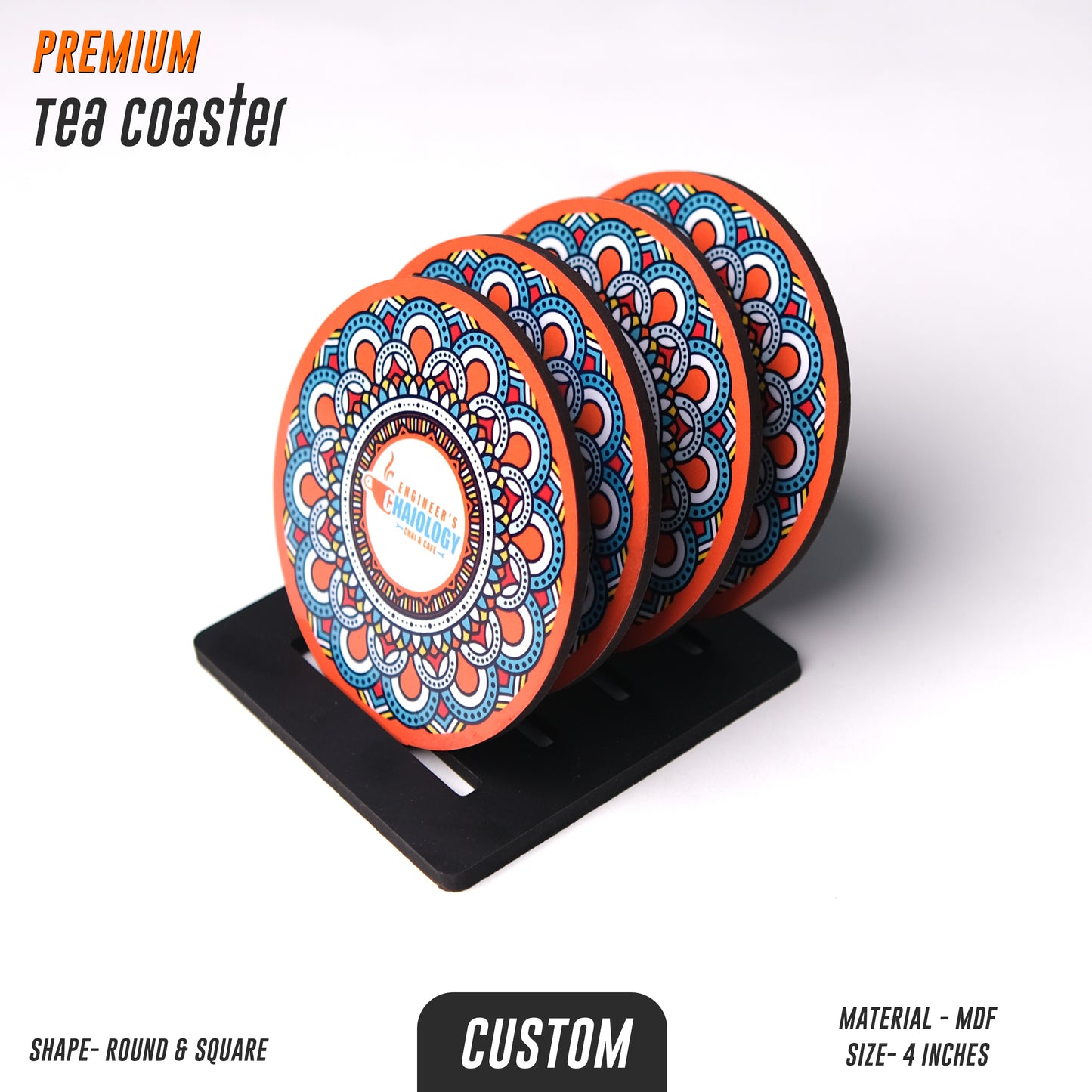 Custom MDF Tea Coaster with Stand (Set of 4) | Personalised Corporate Gift