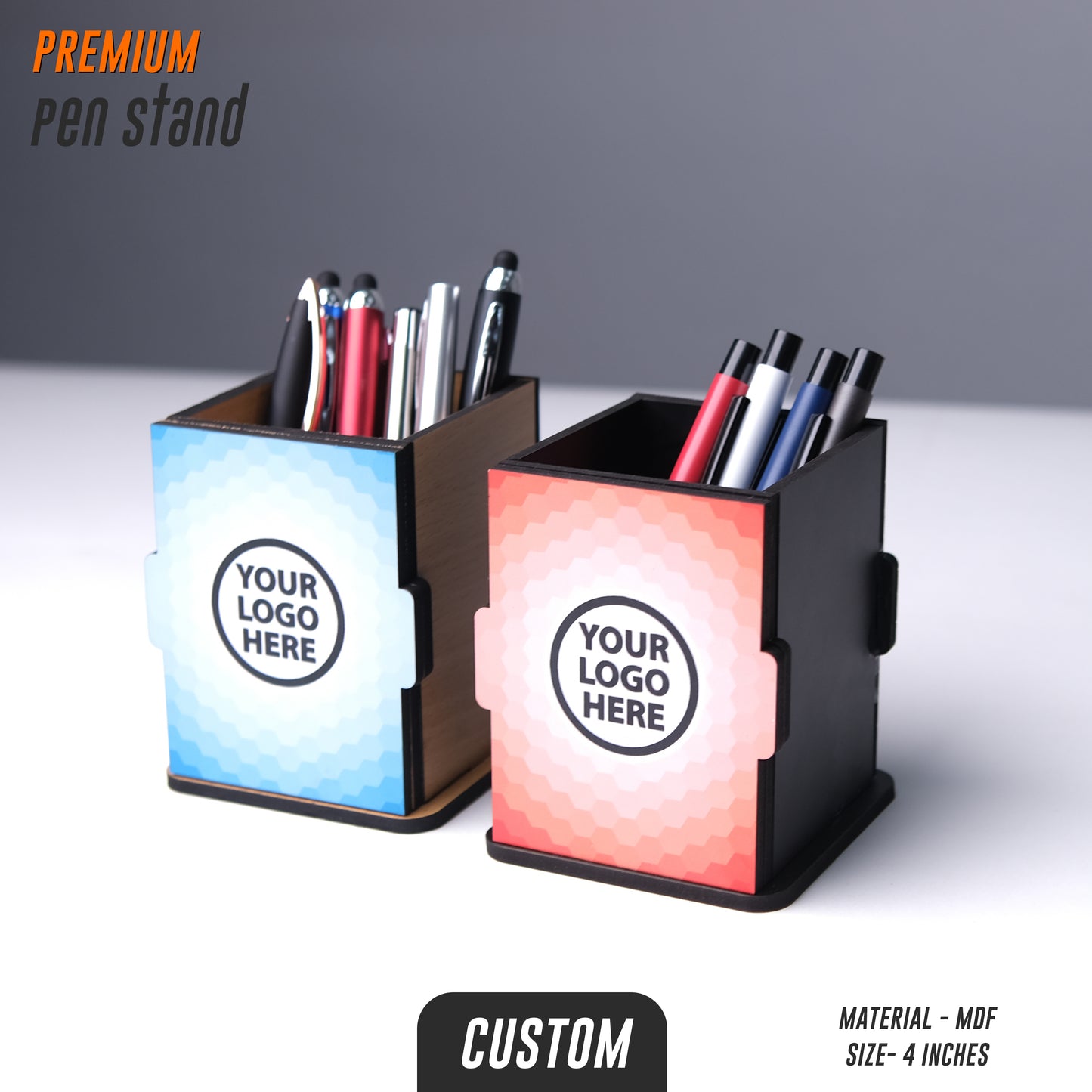 Custom MDF Pen Stand | Personalised Desk Organizer with Logo (4 Inch)