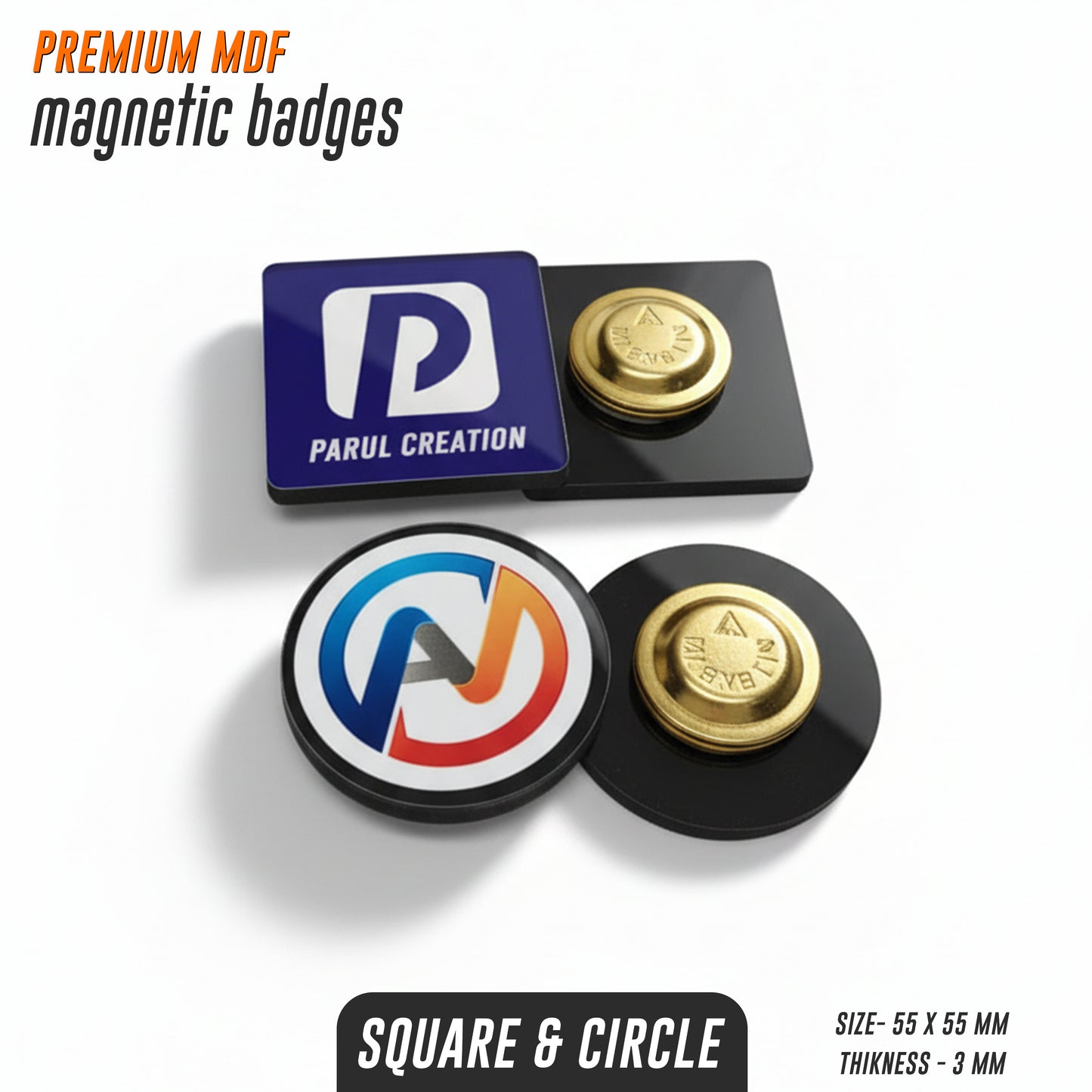 Custom MDF Magnetic Badges | Premium Logo Name Badges (Circle, Square & Custom Shape)